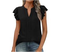 Womens V Neck T Shirts Sale Clearance Ruffle Short Sleeve Blouses Solid Color Trendy Shirts for Teen Girls Summer Casual Tops Loose Lightweight Flowy Tee Shirts Holiday Beach Streetwear Black