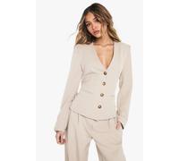 Womens V Neck Tailored Button Up Blazer - Beige - 12, Beige