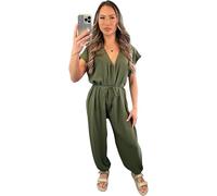 Womens V Neck Tie Belted Waist Harem Wide Leg Cuffed Dungarees Parachute Jumpsuit, Ladies Long Pants Baggy Trousers Summer Short Sleeve Wide Rompers Collar Loose Harem Playsuit 8-22, Khaki-8-14