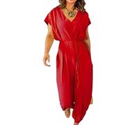 Womens V Neck Tie Belted Waist Harem Wide Leg Jumpsuit Ladies Short Sleeve Wide Rompers Collar Cuffed Dungarees Overalls Joggers Long Pants Fancy Party Wear Playsuit Plus Size 8-22