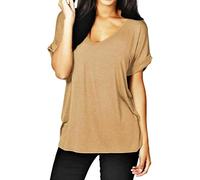 Women’s Turn Up Short Sleeve Plain Printed Baggy Top Ladies V Neck Tunic T-Shirt Casual Wear Summer Party Shirt Oversized Comfort Tee Top UK Size 8-26 Mocha