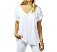 Women’s Turn Up Short Sleeve Plain Printed Baggy Top Ladies V Neck Tunic T-Shirt Casual Wear Summer Party Shirt Oversized Comfort Tee Top UK Size 8-26 White