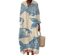 Women's V Neck Vintage Floral Beach Robe Dress Sardines Fish Lobster Octopus Print Midi Skirts Vacation Wear Long Sleeve Dresses