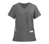 Women's V-Neck Workwear Top Short Sleeve Uniform Shirt with Pockets, Solid & Printed Colours for Carer Salon & Everyday Professional Use