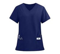 Women's V-Neck Workwear Top Short Sleeve Uniform Shirt with Pockets, Solid & Printed Colours for Carer Salon & Everyday Professional Use