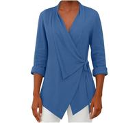 Women's V Neck Wrap Lapel 3/4 Sleeve Knot Side Tie Waist Irregular Hem Trendy Business Office Tunic Blouse Top(Blue, L)