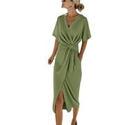 Women's V-Neck Wrap Midi Dress - Short Sleeve Twist Knot Waist Side Split - Beach Cover Up for Cruise & Holiday