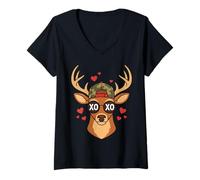 Women's Valentine Buck Camo Deer Retro Hunting Boys V-Neck T-Shirt