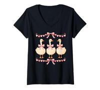 Women's Valentine Ducks with Pink Bows and Hearts Cute Graphic V-Neck T-Shirt