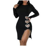 Women's Valentine's Day Dresses Party Dresses for Women UK Long Sleeve Tight Crew Neck Dress Hollow Out Waist Revealing Heart Shaped Rhinestone Dress Slit Sexy Dress for Cocktail Wedding