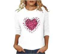 Women's Valentine's Day Heart Print T-Shirt Casual Crew Neck Top Seven Quarter Sleeve Shirt Batwing Sleeve Women, White, L
