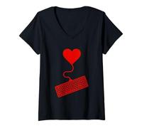 Womens Valentines Day Red Gaming Keyboard Heart Balloon PC Gamer V-Neck T-Shirt