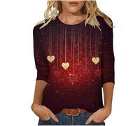 Women's Valentine's Day Shirt Gradient Red Hearts Print Three Quarter Sleeve Blouse Romantic Casual 3/4 Sleeve Top Novelty Valentine's Date Night Outfit Spring Fashion Clothes Cute Romantic Gifts