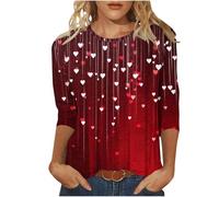 Women's Valentine's Day Shirt Gradient Red Hearts Print Three Quarter Sleeve Blouse Romantic Casual 3/4 Sleeve Top Novelty Valentine's Date Night Outfit Spring Fashion Clothes Cute Romantic Gifts