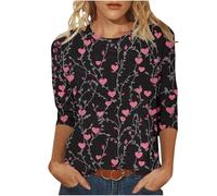 Women's Valentine's Day Shirt Gradient Red Hearts Print Three Quarter Sleeve Blouse Romantic Casual 3/4 Sleeve Top Novelty Valentine's Date Night Outfit Spring Fashion Clothes Cute Romantic Gifts