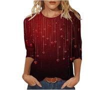 Women's Valentine's Day Shirt Gradient Red Hearts Print Three Quarter Sleeve Blouse Romantic Casual 3/4 Sleeve Top Novelty Valentine's Date Night Outfit Spring Fashion Clothes Cute Romantic Gifts