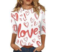 Womens Valentines Day Shirts Tops Soft Jumper Sparkly Funny Love Heart Print Loose Tops Long Sleeve Shirts Red Holiday Pullover for Ladies Girls T-shirt 3/4 Sleeves Blouse Round Neck Casual Tops Sale