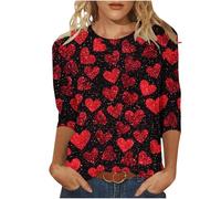 Women's Valentine's Day Three Quarter Sleeve Top All Over Red Hearts Print Blouse Casual Comfortable Stretch Fabric Blouse Romantic Date Night Clothes Gift Idea and Casual Outings Wear