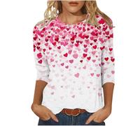Women's Valentine's Day Three Quarter Sleeve Top All Over Red Hearts Print Blouse Casual Comfortable Stretch Fabric Blouse Romantic Date Night Clothes Gift Idea and Casual Outings Wear