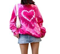 Women's Valentine's Day Tie Dye Y2k Sweatshirts with Heart Print Casual Long Sleeve Tops Oversize Pullover T-Shirt Top - Pink - M
