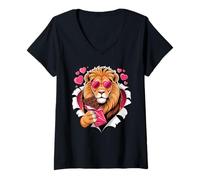 Women's Valentines Lion with Chocolate Hearts Romantic V-Neck T-Shirt