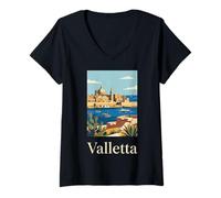 Women's Valletta Malta Mediterranean Harbor Travel Design V-Neck T-Shirt