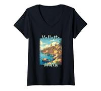 Women's Valletta Malta Vintage Mediterranean Travel Design V-Neck T-Shirt