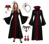 Women's Vampire Costume, Halloween Costume, Women's Vampire Dress, Gothic | With spider web headband, ruby necklace, bracelet, earrings, for Halloween, carnival, gothic, medieval cosplay