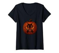 Womens Vampire Dog Halloween Pumpkin Carving Jack O Lantern V-Neck T-Shirt