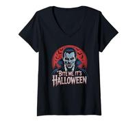 Womens Vampire with Red Eyes and Bats Saying Bite Me It's Halloween V-Neck T-Shirt