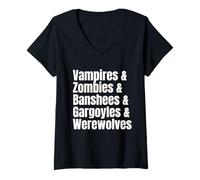 Womens Vampires Werewolves Zombies Banshees Gargoyles Halloween V-Neck T-Shirt