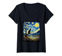 Women's Van Gogh Art Black Cat Under Swirling Starry Night Sky V-Neck T-Shirt