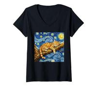 Womens Van Gogh Art Sleeping Orange Cat Starry Night V-Neck T-Shirt