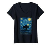 Womens Van Gogh Inspired Bison Silhouette Starry Night Style V-Neck T-Shirt