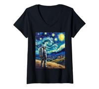 Womens Van Gogh Inspired Cosmic Space Traveller Visionary Astronaut V-Neck T-Shirt