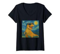 Women's Van Gogh Inspired Roaring Dinosaur Wearing Shades Creative V-Neck T-Shirt