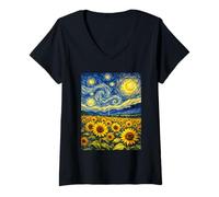 Women's Van Gogh Inspired Sunflowers Starry Night Calm Landscape V-Neck T-Shirt