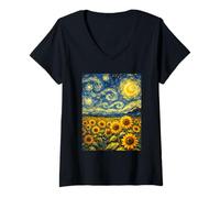Women's Van Gogh Inspired Sunflowers Starry Night Mystical Field V-Neck T-Shirt