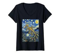 Women's Van Gogh Leafy Sea Dragon Starry Ocean Art V-Neck T-Shirt