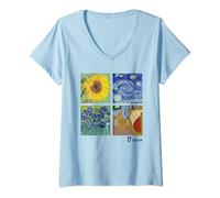 Womens Van Gogh Painting Collage with Starry Night and Sunflowers V-Neck T-Shirt