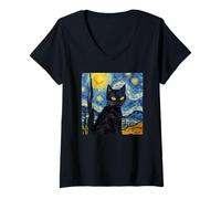 Women's Van Gogh Starry Night Cat for Cat Lover, Cat Mom and Cat Dad V-Neck T-Shirt