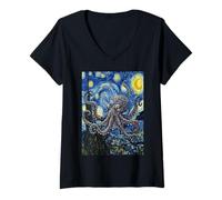 Women's Van Gogh Starry Night Octopus Surreal Art V-Neck T-Shirt