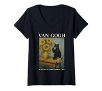 Women's Van Gogh Sunflowers Third Version 1888 Cat Tea V-Neck T-Shirt