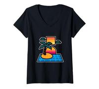 Womens Vaporwave Island Retro Sunset V-Neck T-Shirt