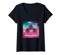 Womens Vaporwave Tropical Sunset Palm a Trees Teal Turquoise Purple V-Neck T-Shirt