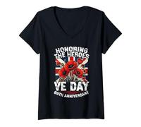 Womens VE Day 2025 WW2 80th Anniversary Union Jack V E DAY V-Neck T-Shirt