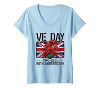 Womens VE Day 2025 WW2 80th Anniversary Union Jack V E DAY V-Neck T-Shirt