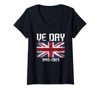 Womens VE Day 2025 WW2 80th Anniversary Union Jack V E DAY V-Neck T-Shirt