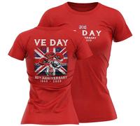 Womens VE Day T Shirt Union Jack Poppies Large Back Print 80th Anniversary Design Ladies Celebration Tee, XXL, Red