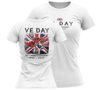 Womens VE Day T Shirt Union Jack Poppies Large Back Print 80th Anniversary Design Ladies Celebration Tee, XL, White